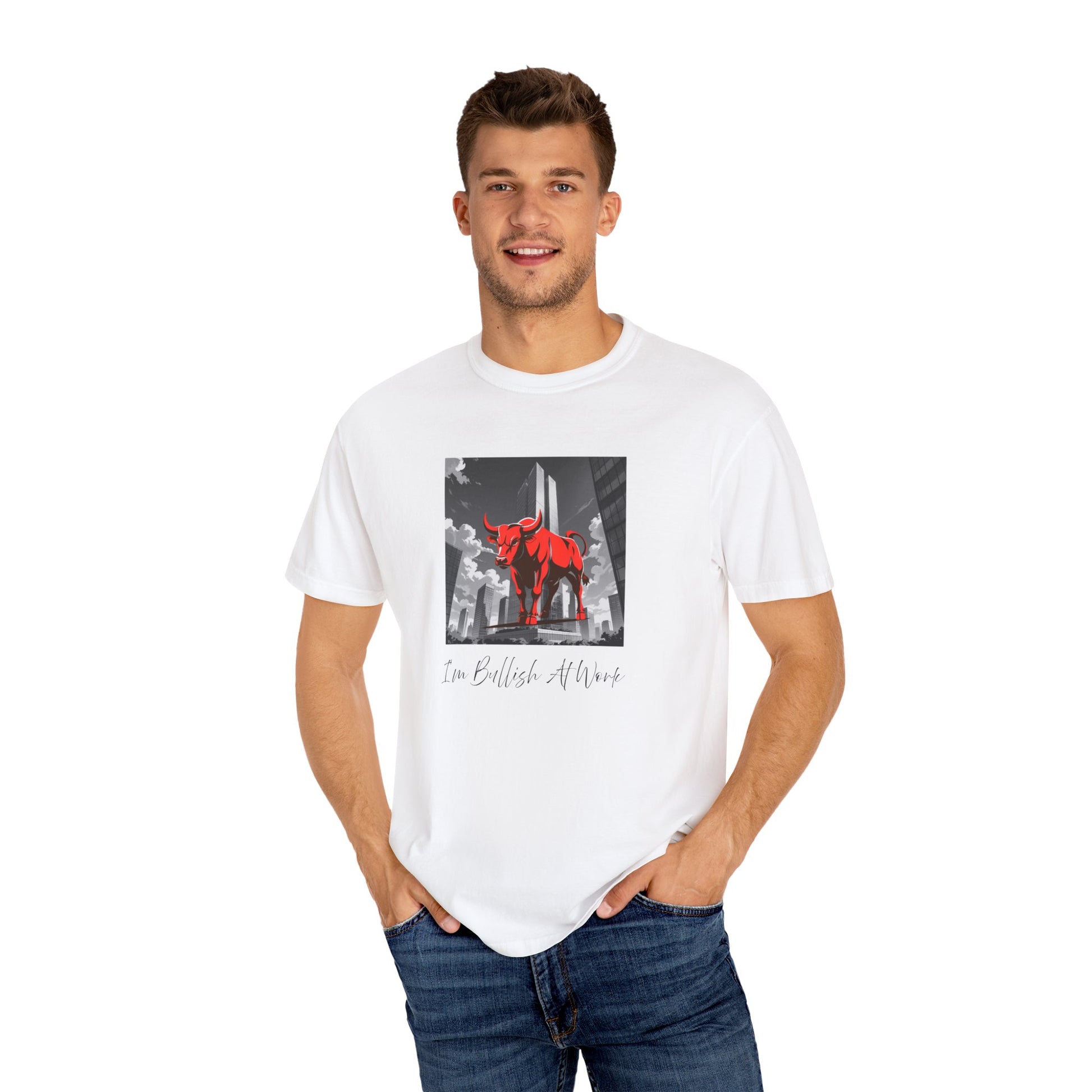 A man wearing a white t-shirt with a bull and skyscraper design and text that reads I'm Bullish At Work.
