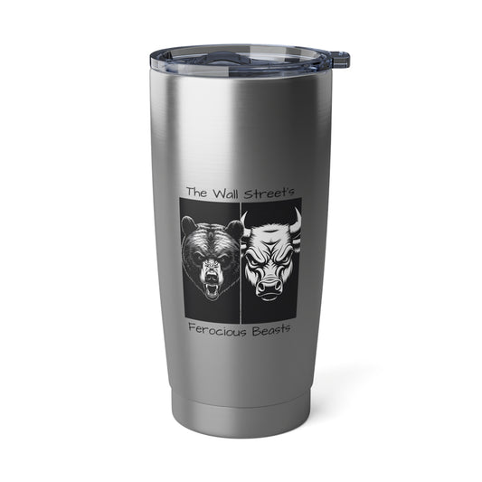 A stainless steel tumbler with faces of a bear and a bull side by side and a text that reads The Wall Street's Ferocious Beasts.