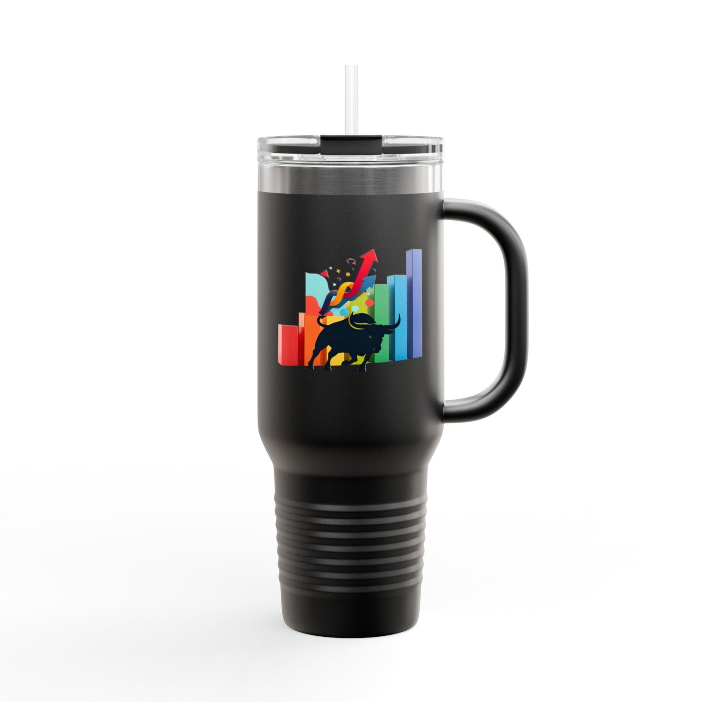 Black insulated travel mug with a graphic black bull design with a backdrop of up trending verticals pointing to the upward movement of the stock market.