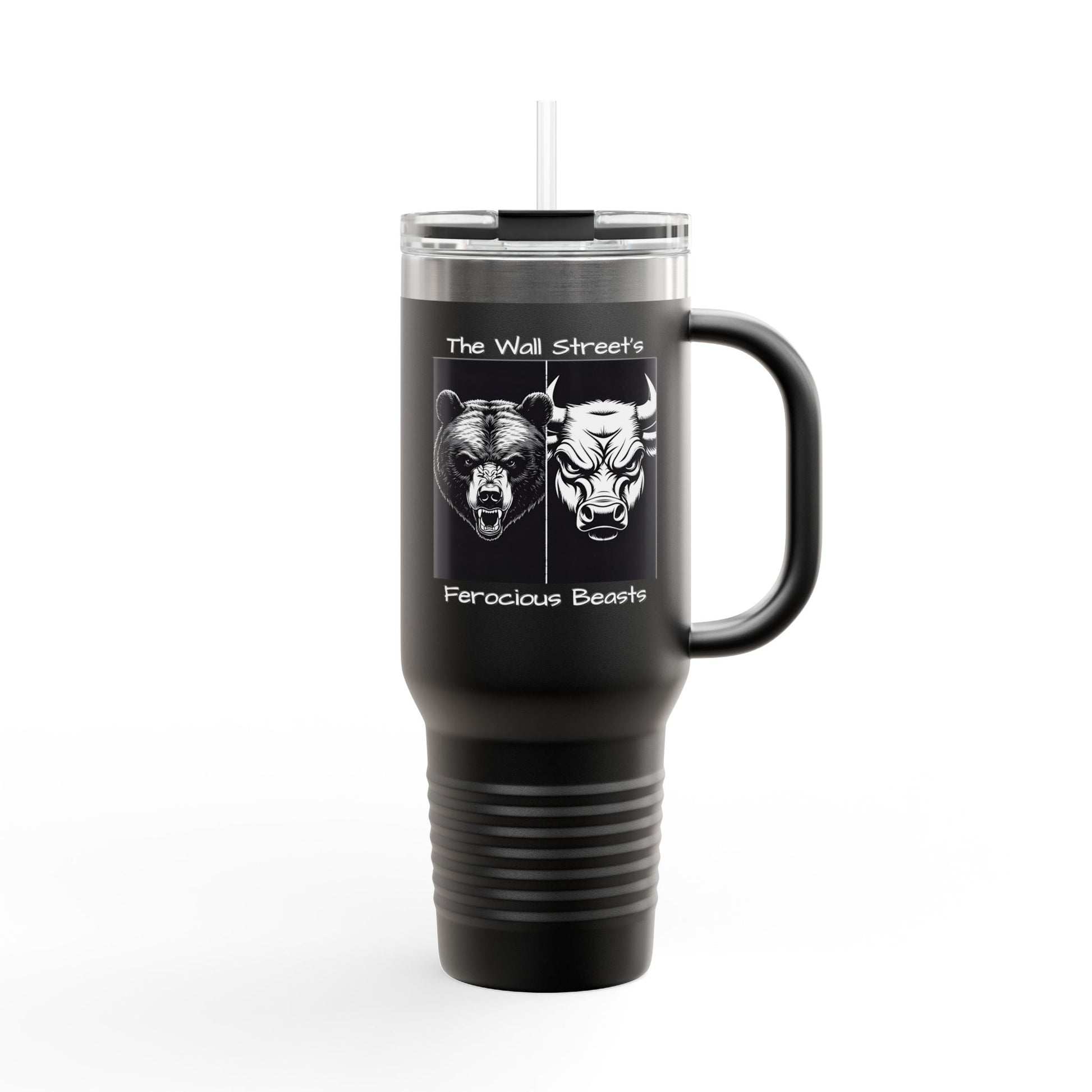 Black insulated travel mug with faces of a bull and a bear signifying the two major trends in the Stock Market and the text The Wall Street Ferocious Beasts.