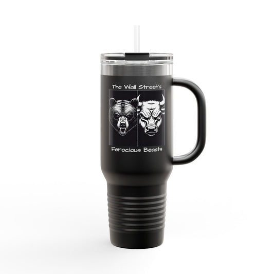 Black insulated travel mug with faces of a bull and a bear signifying the two major trends in the Stock Market and the text The Wall Street Ferocious Beasts.
