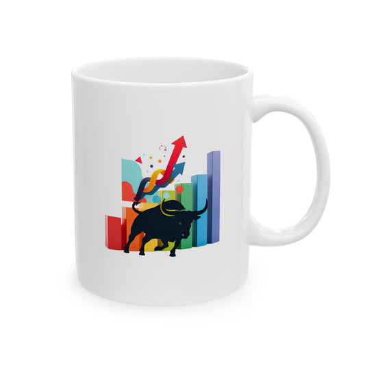 11 oz. and 15 oz. white ceramic coffee mug with a graphic black bull design on a backdrop of up trending verticals signifying stock market upturn.