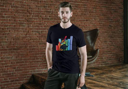 A man wearing a black shirt with a colorful graphic design of a bar graph with a black bull in front.