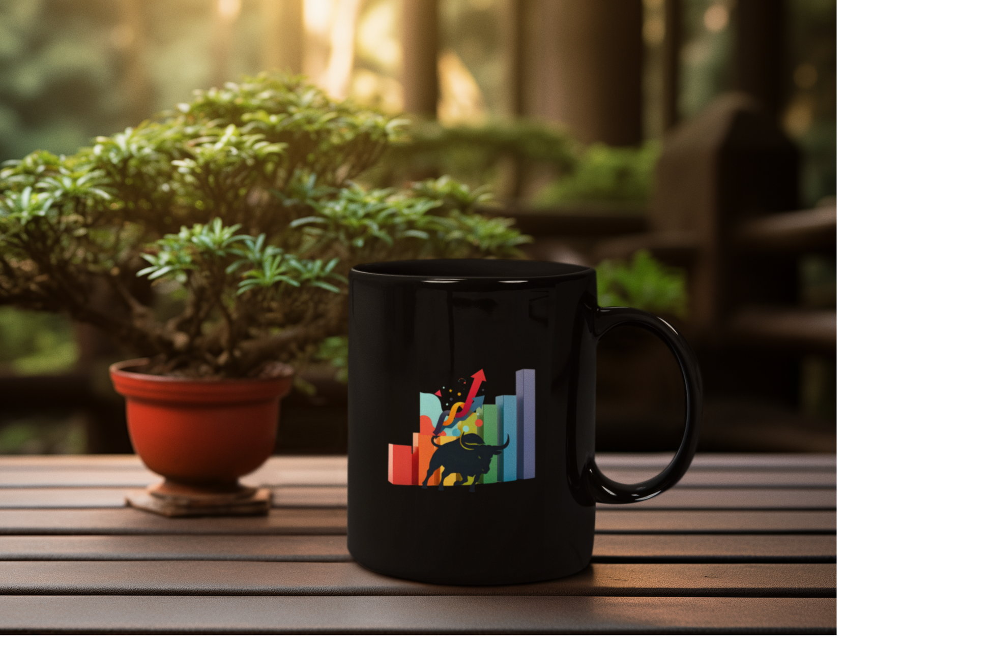 A black ceramic coffee mug with a colorful graphic design of vertical bars with a bull in front signifying an upward trend in the stock market.