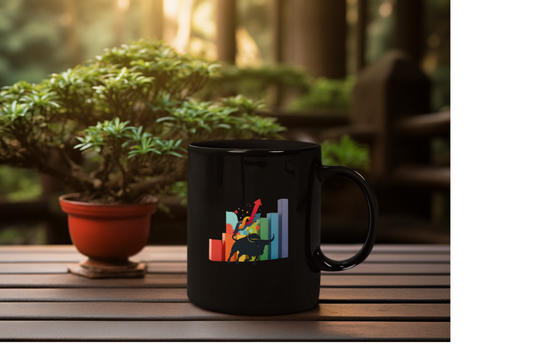 A black ceramic coffee mug with a colorful graphic design of vertical bars with a bull in front signifying an upward trend in the stock market.