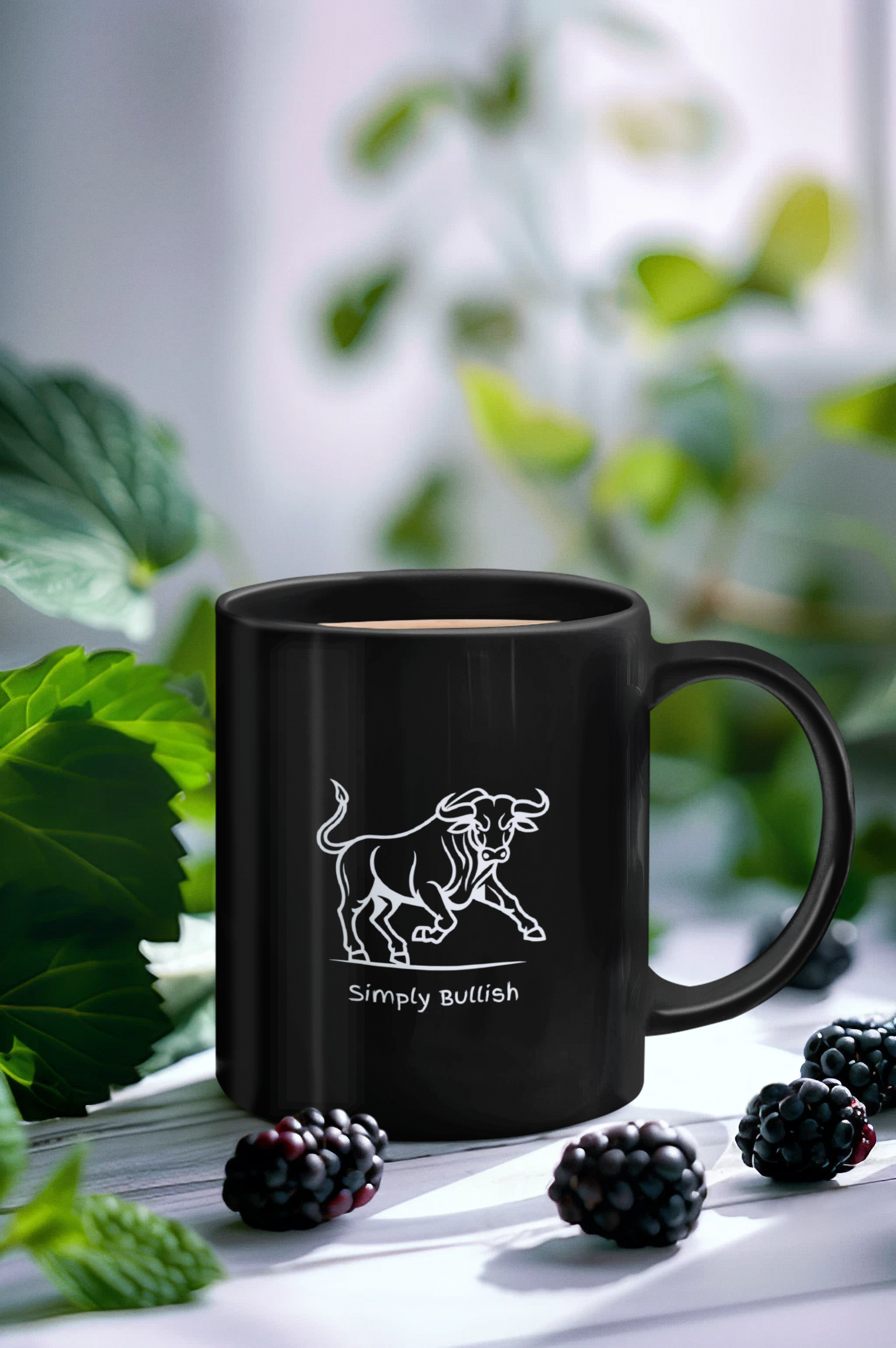 A black ceramic coffee mug with a white bull design and text that reads Simply Bullish.