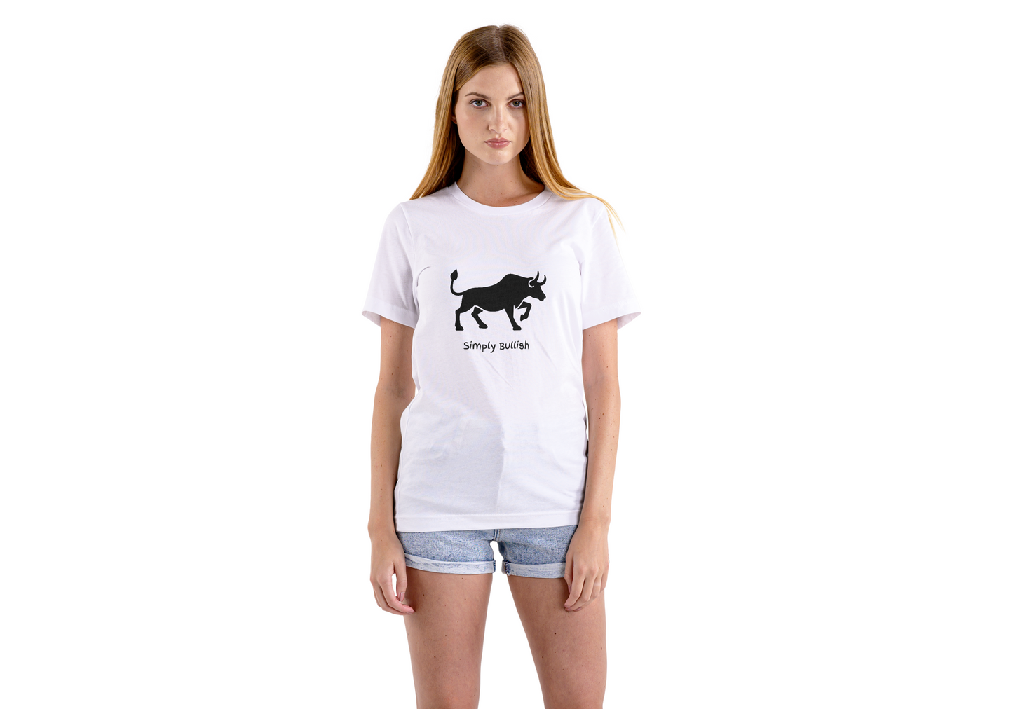 A woman wearing a white t-shirt  with a graphic black bull design with text that reads Simply Bullish sending a message of an upward trend in the Stock Market.