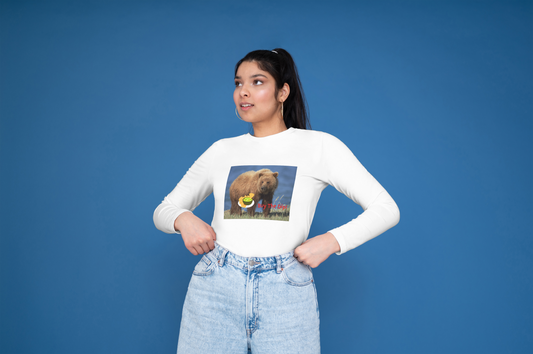 Woman wearing a long sleeves t-shirt with a graphic bear and and a dipping sauce design signifying Stock Market downturn and an opportunity to buy stocks at bargain prices.