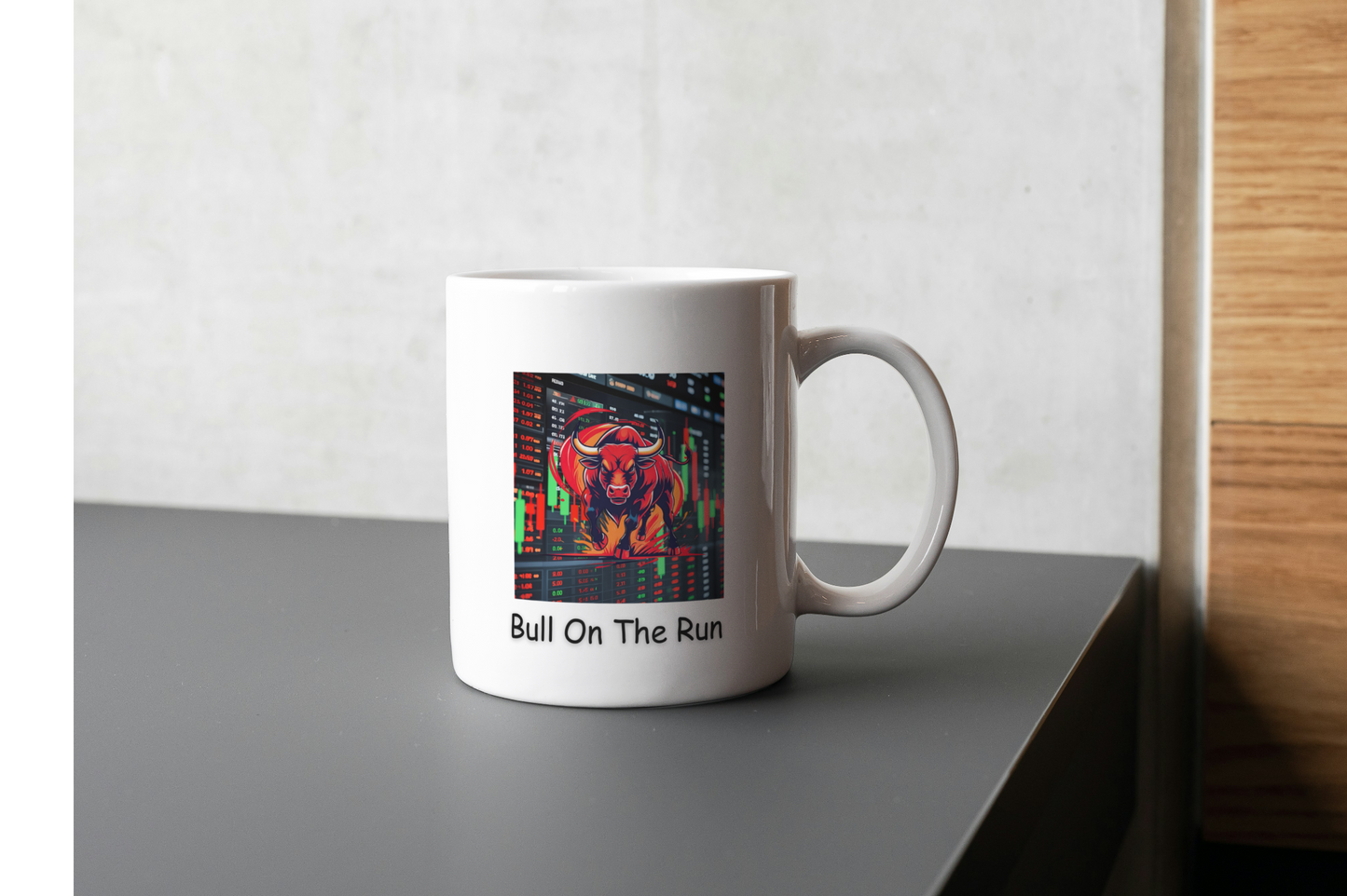 A white ceramic mug with a charging bull in front a a stock market big screen.