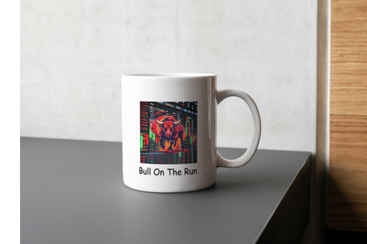 A white ceramic mug with a charging bull in front a a stock market big screen.