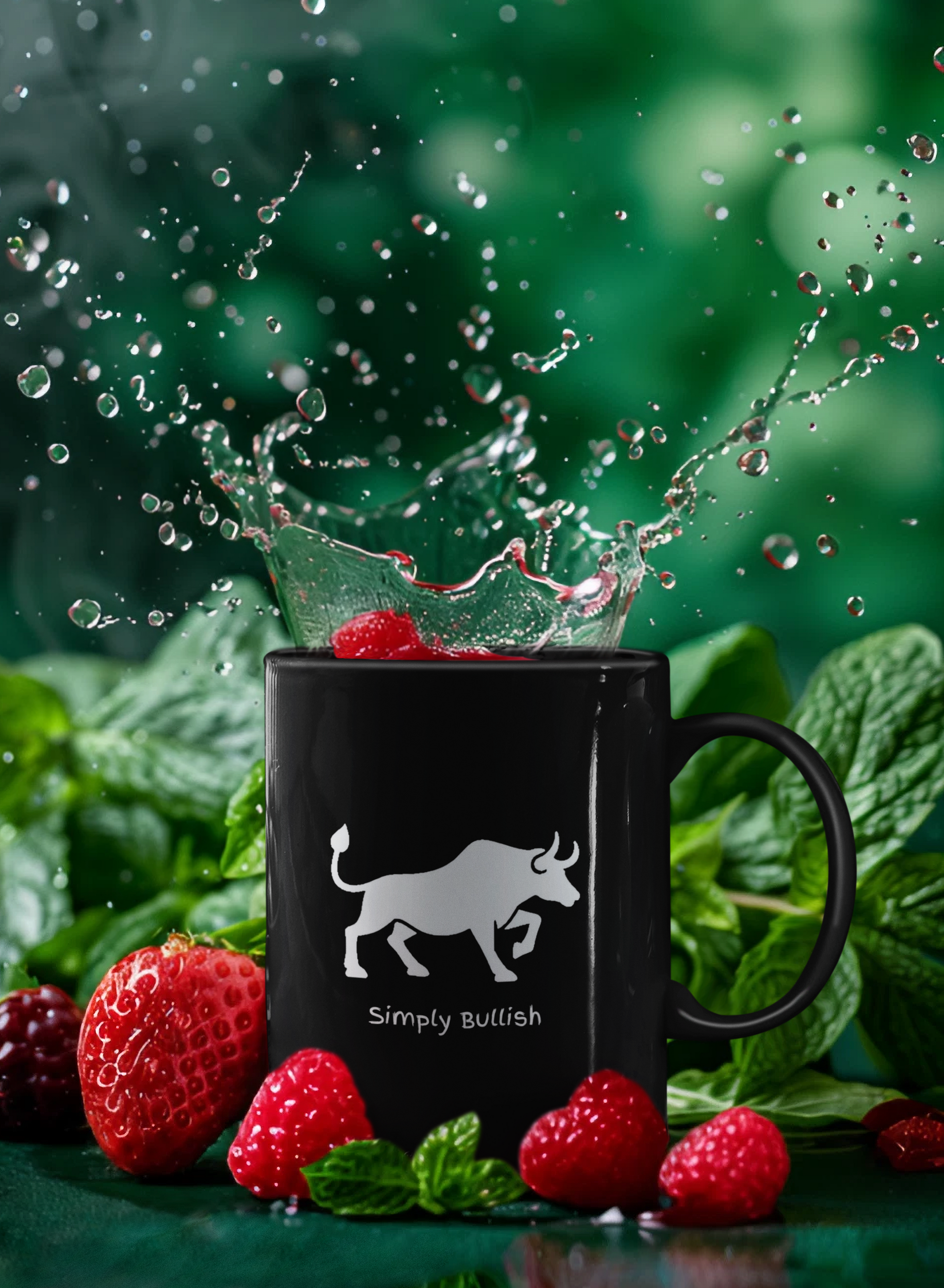 A black coffee mug with a bull logo surrounded by berries and mint leaves on a green background and a text that reads Simply Bullish.