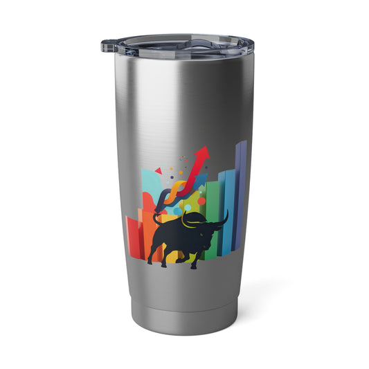 A stainless steel tumbler with a colorful graphic design of a bull in front of vertical bars.