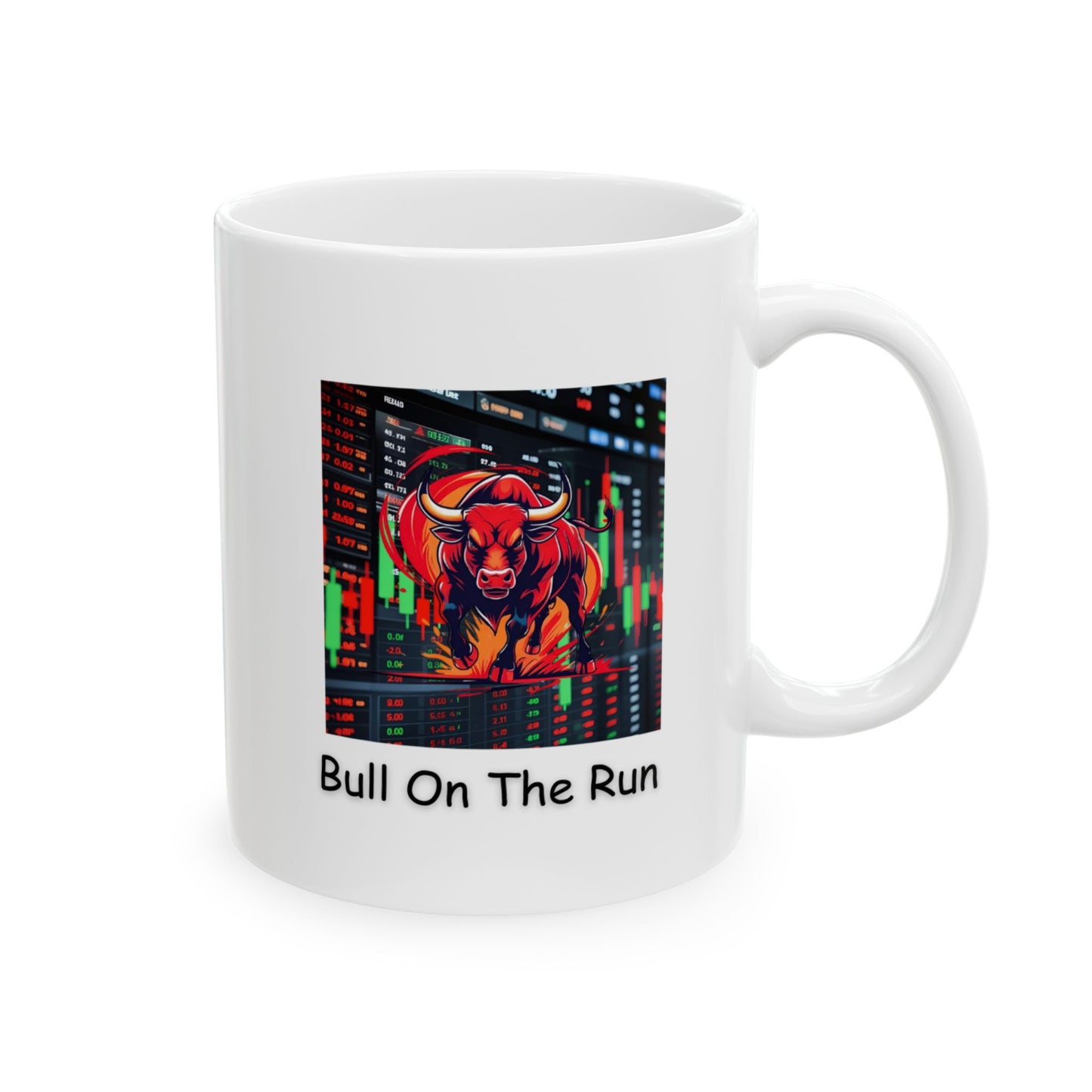 Bull On The Run White Ceramic Mug, (11oz, 15oz)