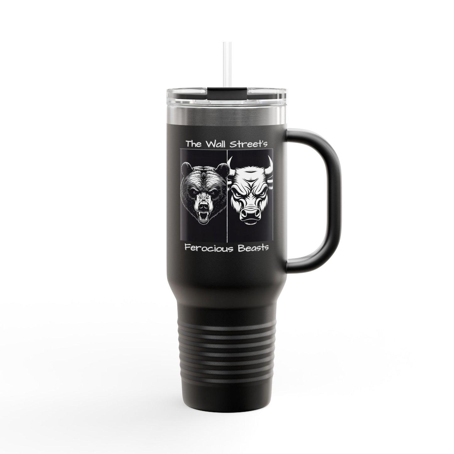 Black insulated travel mug with faces of a bull and a bear signifying the two major trends in the Stock Market and the text The Wall Street Ferocious Beasts.