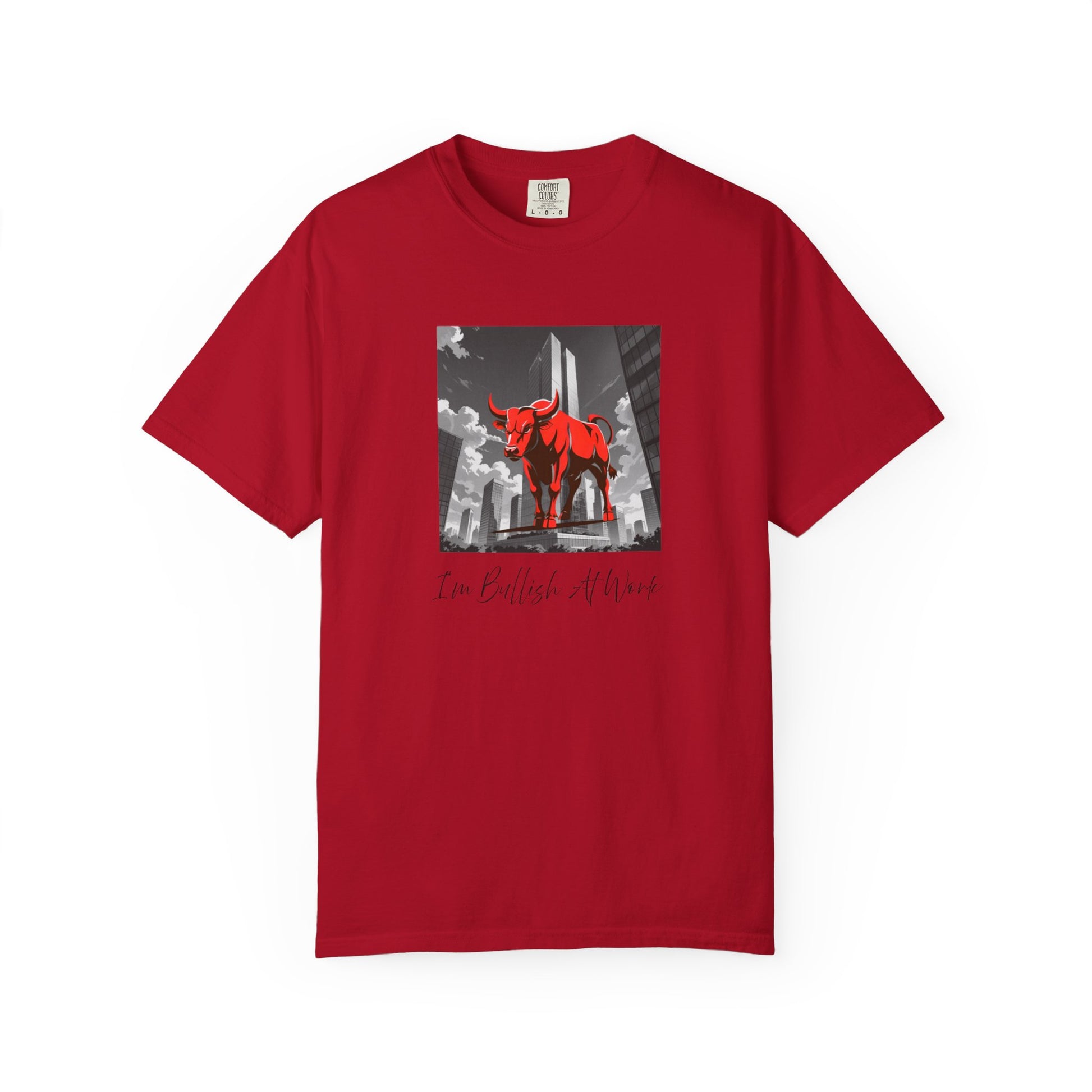Red t-shirt with a graphic design on a white background