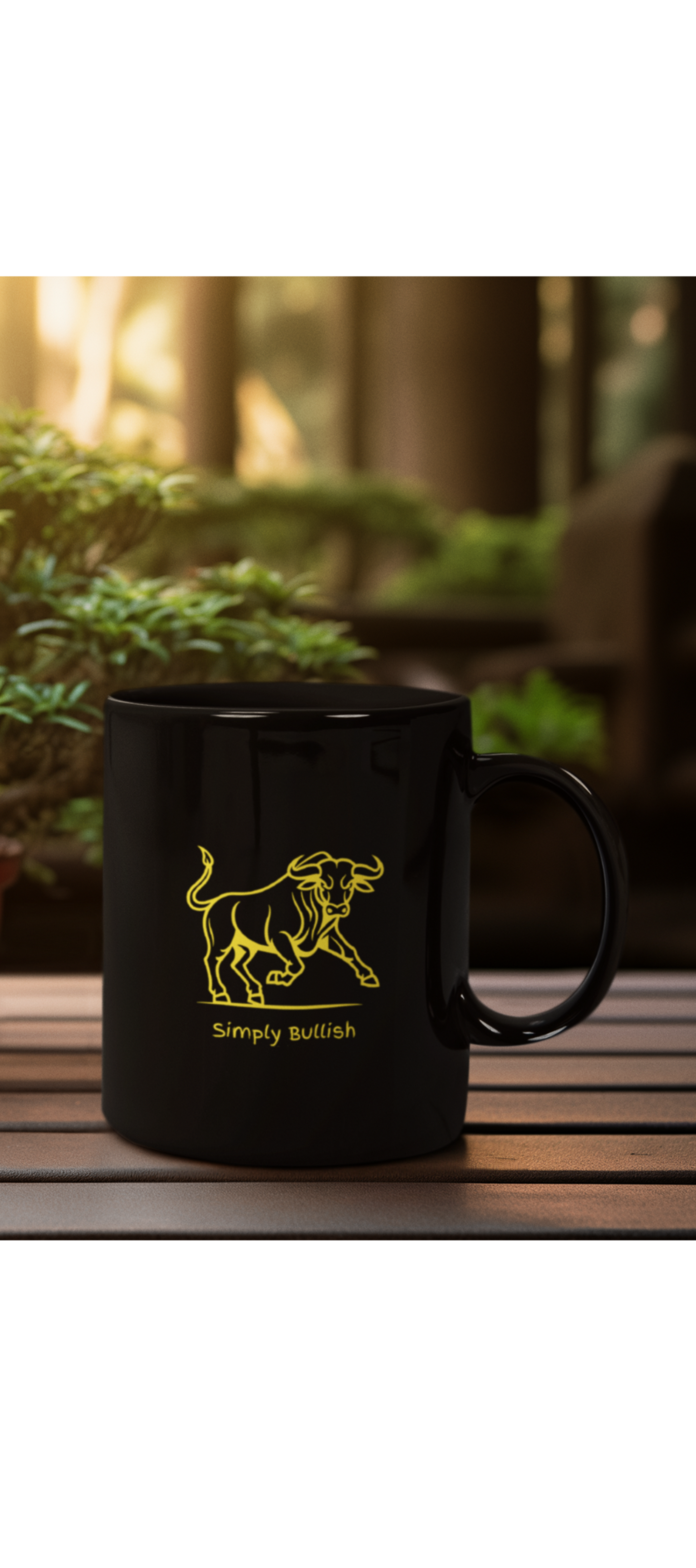A black ceramic mug with a golden bull design and text that reads Simply Bullish.