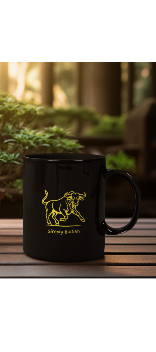 A black ceramic mug with a golden bull design and text that reads Simply Bullish.