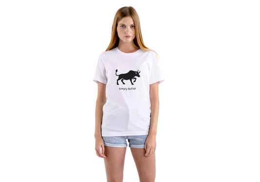 A woman wearing a white t-shirt  with a graphic black bull design with text that reads Simply Bullish sending a message of an upward trend in the Stock Market.