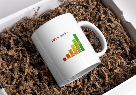 11 oz. and 15 oz. white ceramic coffee mug with up trending vertical bars and text that reads I Love My Stocks.