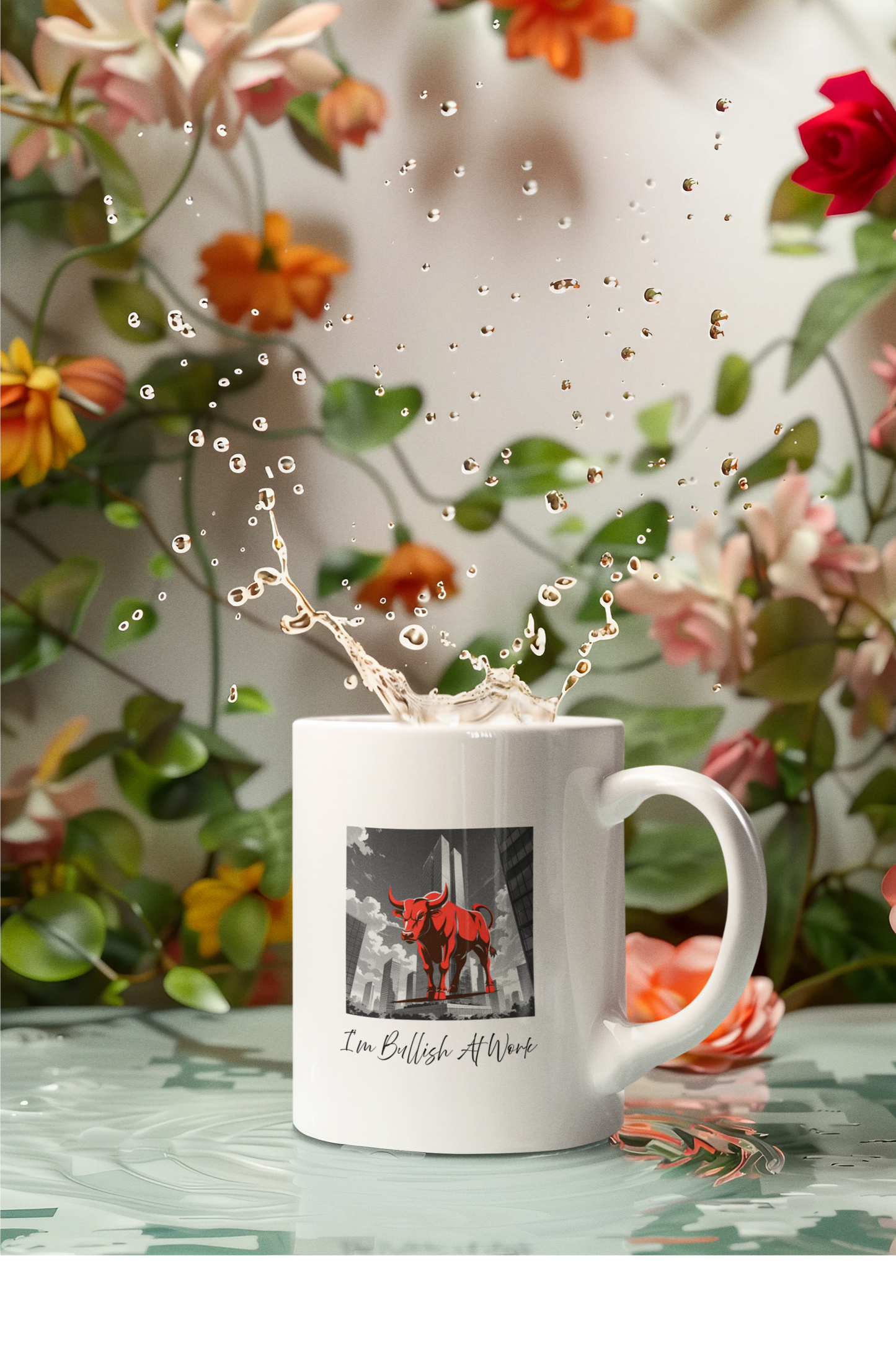 11 oz. and 15 oz. white ceramic coffee mug with a graphic bull design standing in front of high rise commercial buildings.