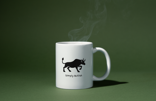 11 oz. and 15 oz. white ceramic mug with a black bull design with text that reads Simply Bullish