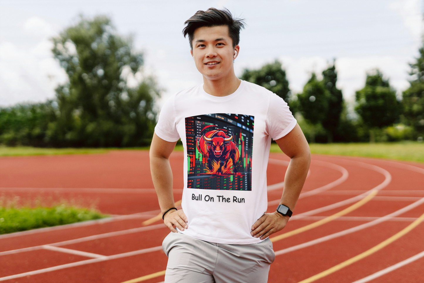 A person wearing a white shirt with a graphic design of a charging bull with a stock market screen background and a text that reads Bull On The Run signifying a bullish stock market.