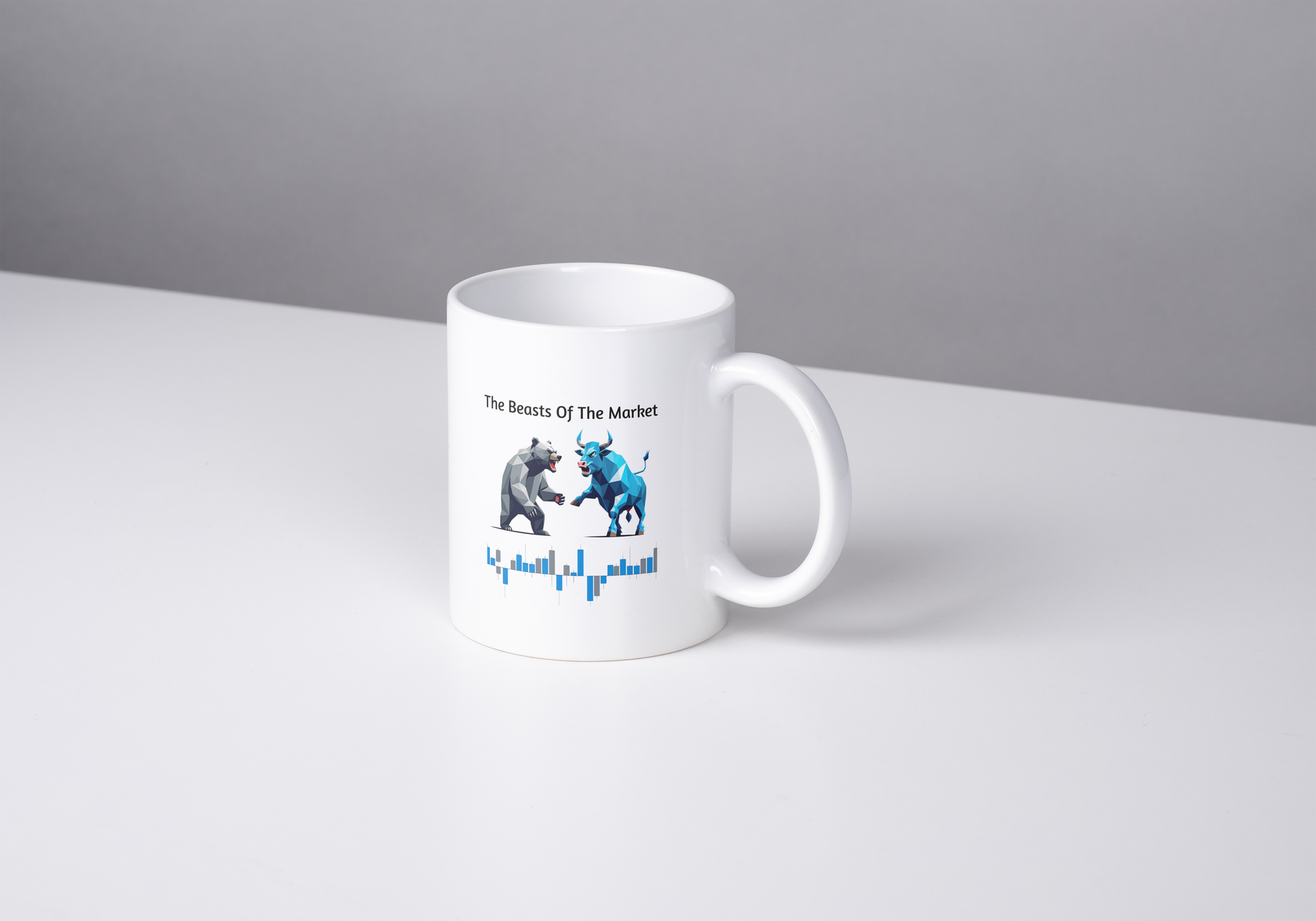 A white ceramic mug with a bull and a bear facing off resembling the volatility of the Stock Market.
